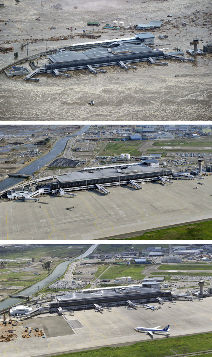 Аэропорт Сендай, префектура Мияги, 11 марта, 3 июня, 6 сентября. 
Аэропорт вновь открыт для полетов.